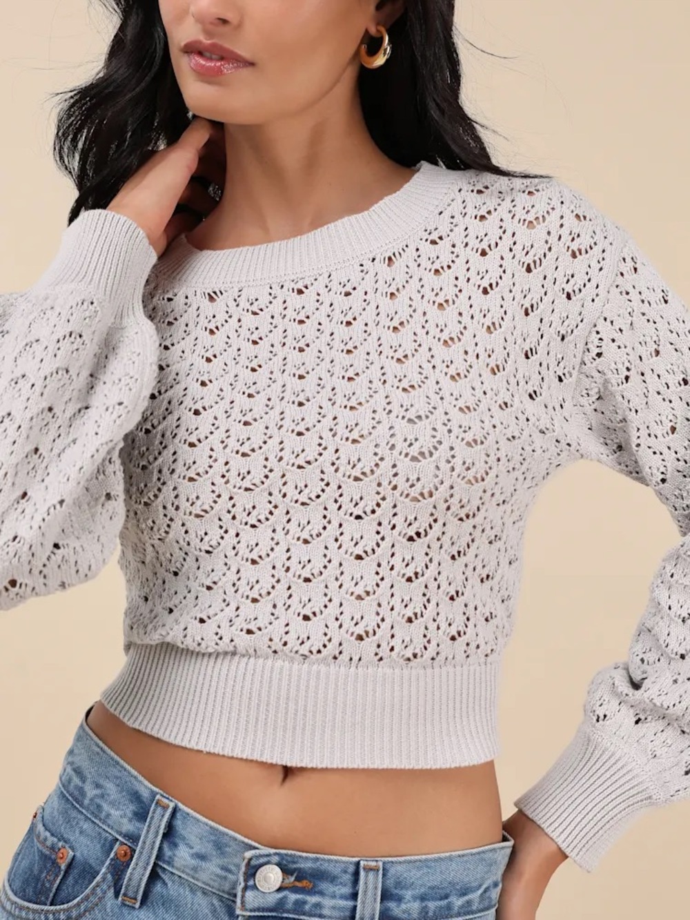 Lulu's White Openwork Cropped Crewneck Sweater Knit Size M